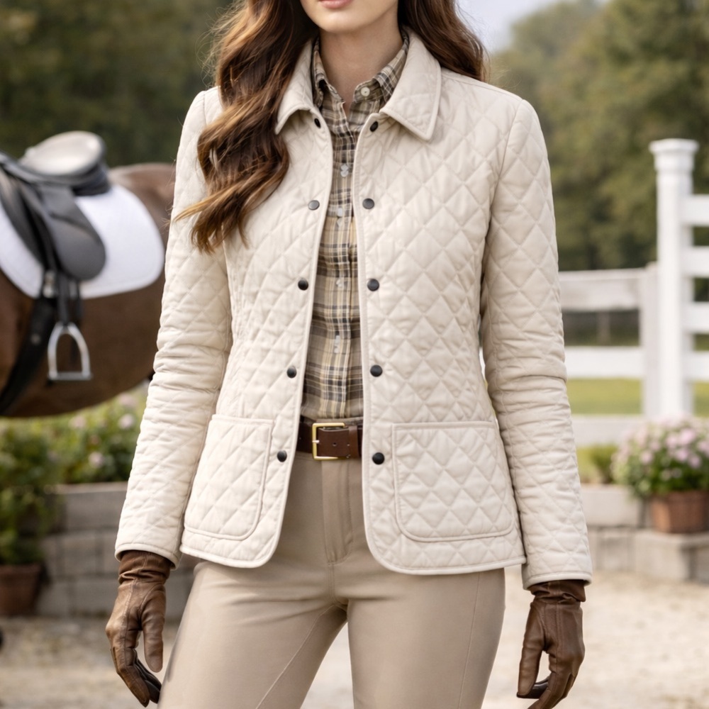 Charles Klein Cream Quilted Snap Front Equestrian Minimalist Jacket Size M